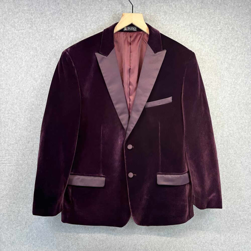 Tazio Italy Blazer Jacket Mens Size 42R Burgundy Red Velvet 2-Button Rayon Blend